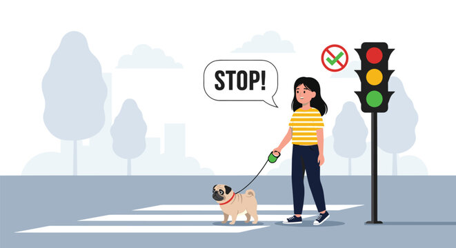 Young girl walking pug dog on leash across pedestrian crosswalk while traffic light stays red for road safety.