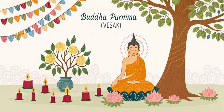 Buddha meditating under tree Vesak Day greeting banner Buddha Purnima spiritual landscape
