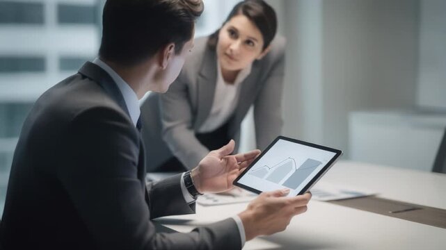 Medium shot of financial advisor showing cautious investment options on tablet client attentively reviewing risk profile in softly blurred background.