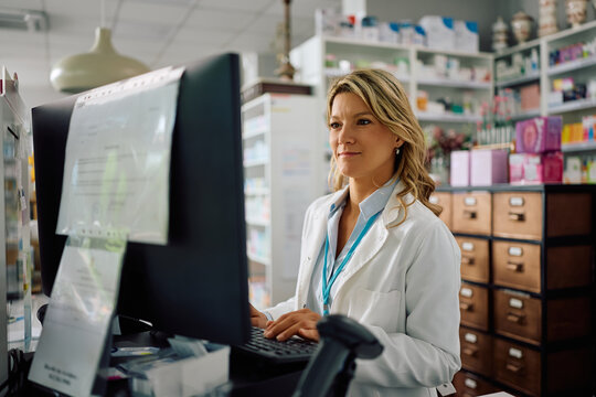 Female pharmacist working on desktop PC in pharmacy.