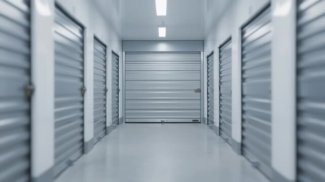 Medium shot of climatecontrolled selfstorage unit corridor with rows of rollup doors and soft lighting emphasizing clean secure indoor access.