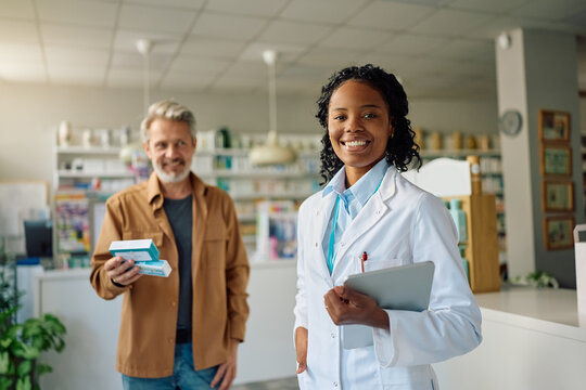 Happy black pharmacist in a pharmacy with her customer in background.