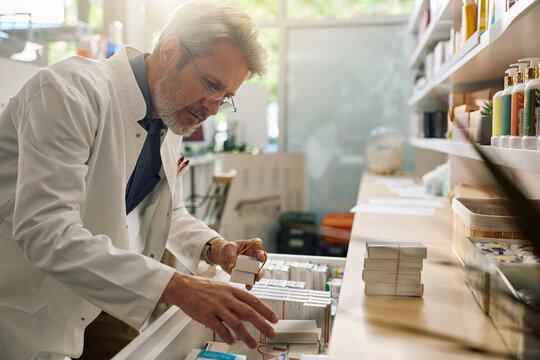 Mature pharmacist organizing medication boxes while working in pharmacy.