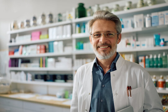 Portrait of happy mature pharmacist looking at camera.