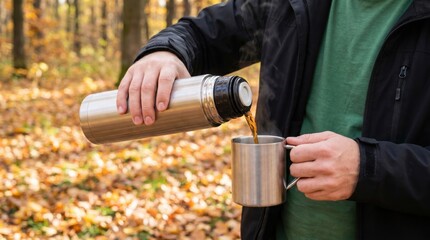 Naklejka premium Person pouring hot coffee from a thermos into a mug during autumn in a forest