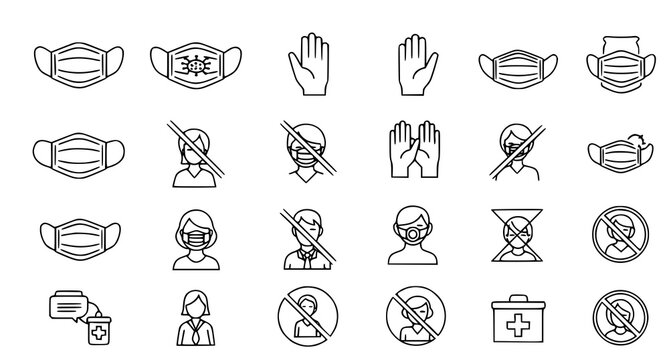 Medical health safety icon set featuring face masks social distancing and hand protection symbols for public health awareness and hygiene protocol signage design projects