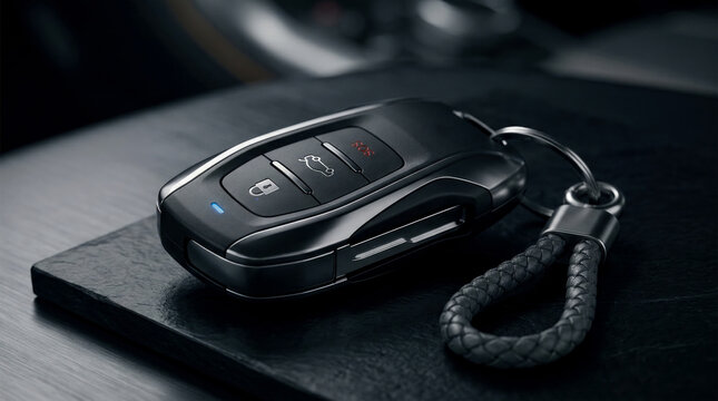 Modern, high-tech car key fob with stylish braided keychain resting on dark slate surface, featuring emergency SOS button and sleek minimalist automotive design aesthetic.