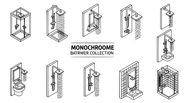 Monochrome bathroom fixtures and shower set in isometric line art style
