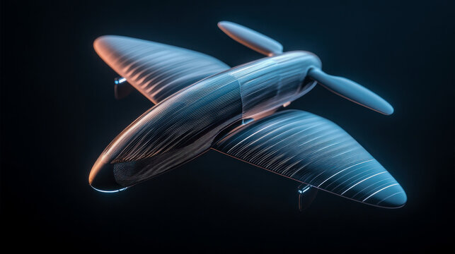 Futuristic conceptual aircraft design featuring sleek aerodynamic fuselage with glowing metallic fiber optic textures set against dark minimalist background for high-tech aviation art.