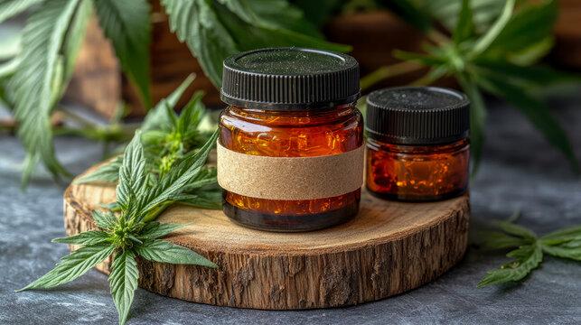 Amber glass jars containing hemp cannabis oil capsules with blank labels displayed on natural wood slice surrounded by fresh green marijuana leaves for holistic wellness presentation.