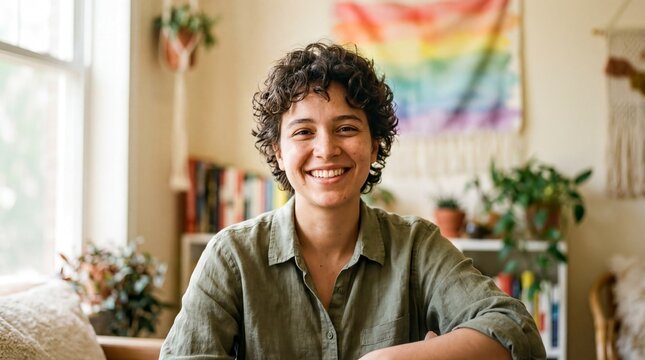 diversity and inclusion, a smiling non-binary person radiates joy amidst gentle rainbow hues