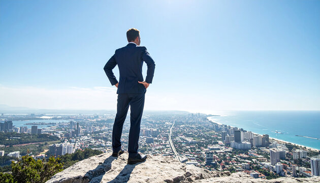Visionary businessman in a suit stands on a cliff overlooking a cityscape and ocean. Symbolizes leadership, success, and ambition. Ideal for corporate branding and growth themes.