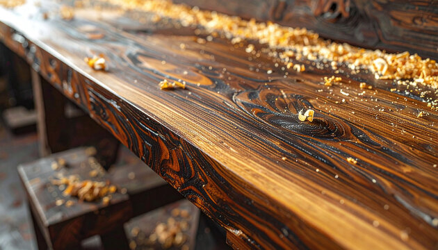 A stunning closeup of a charred wooden workbench scattered with golden shavings, capturing the essence of artisanal craftsmanship and manual labor in a rustic workshop setting.