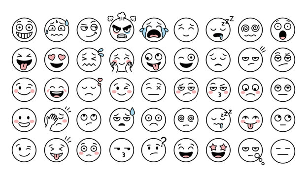 Collection of various hand-drawn emoticons showing different facial expressions and emotions on white background on transparent background