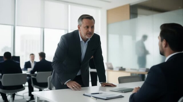 Medium shot of a modern office with a focused executive discussing centralized family office strategies amid blurred team members working in the background.