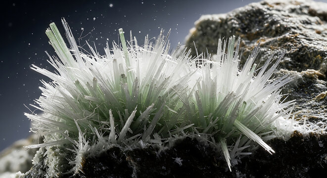 Close up macro shot of raw chrysotile asbestos fibers on mineral ore highlighting the dangerous friable needle structure for health inspection and remediation services