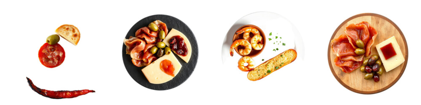 set of pictures for Assorted Spanish tapas small plates including patatas bravas, olives, chorizo, and manchego cheese