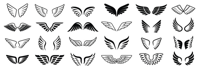 Wing Collection. A diverse collection of wing illustrations, ranging from delicate feathered designs to bold, graphic styles. Angel wings, feather illustrations, graphic design element. © Vector By Kolpona