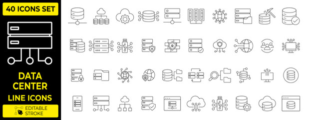 Fototapeta premium Data Center and Cloud Storage Line Icons Set, Minimalist Big Data Server Networking and Cyber Security Vector Elements Collection with Editable Stroke