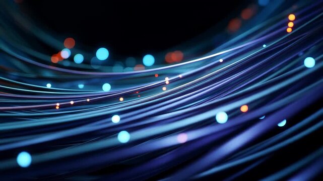 Dark abstract fiber optic data network with glowing blue cables, colorful signal lights, internet infrastructure, cloud technology, cybersecurity system, telecom