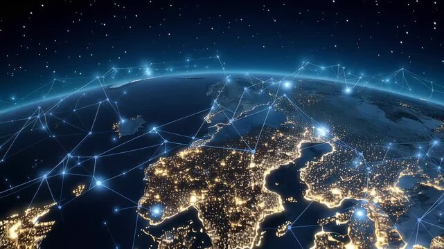 Digital network map of Europe from space with glowing connection nodes, global communication technology, cybersecurity, data transfer, cloud infrastructure, smart continent