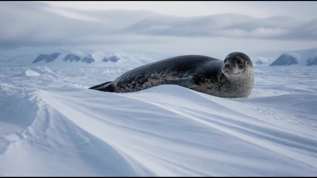 A spotted seal rests on a vast windswept Antarctic ice shelf with its chest rising and falling in a serene polar landscape. This wildlife scene captures the beauty of the frozen continent.