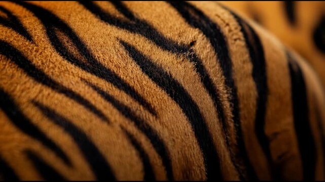 A close up macro shot of dense tiger fur with vibrant orange and deep black stripes showcases the stunning natural pattern and soft organic texture of a majestic wild predator in the jungle.