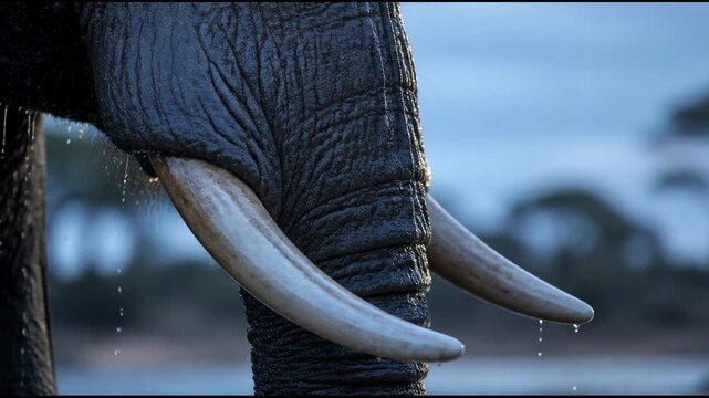 A close up view of an african elephant featuring its textured wet trunk and prominent ivory tusks with crystal clear water droplets falling, highlighting the beauty of wildlife in nature.