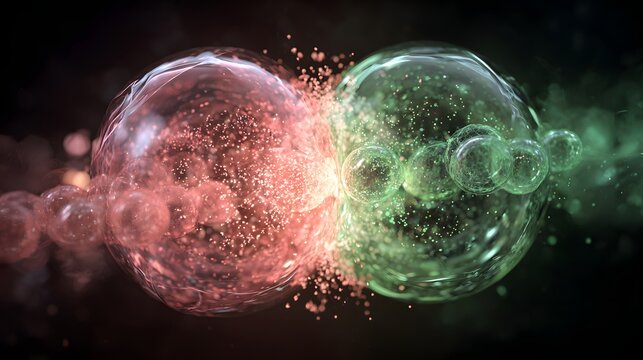 Abstract pink and green molecular structures colliding. Dynamic scientific illustration of a particle impact, chemical reaction, and energy spark.