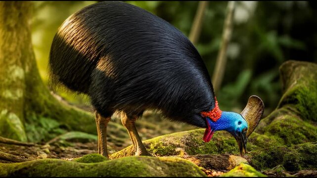 A majestic cassowary stands in a lush rainforest with its coarse black feathers gently catching the sunlight as it forages on the mossy ground among ancient tropical trees.