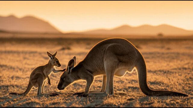 A mother kangaroo and her joey stand on a vast arid plain during a golden hour, highlighting a beautiful family bond between wild marsupials in the peaceful Australian outback landscape.