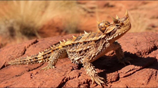 A thorny devil lizard stands motionless on a sun baked red desert rock as its throat pulses with life. This close up captures the unique spikes and camouflage of the iconic Australian reptile.