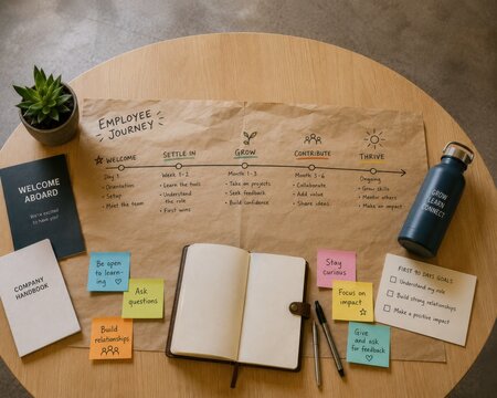 Onboarding action plan for new employees office setting visual guide circular table layout focused on hr job success