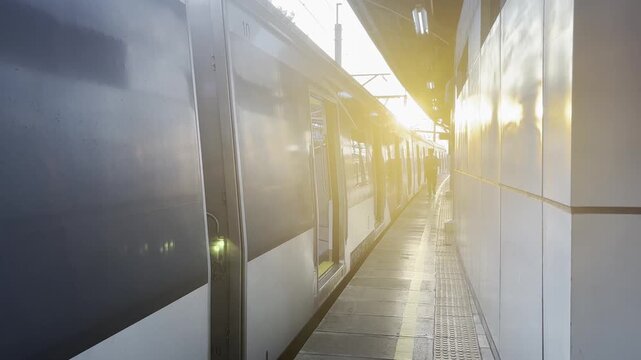 Serene shot of a clean, empty commuter train stopped at an outdoor station platform, illuminated by bright, warm golden hour sunlight with lens flare.
