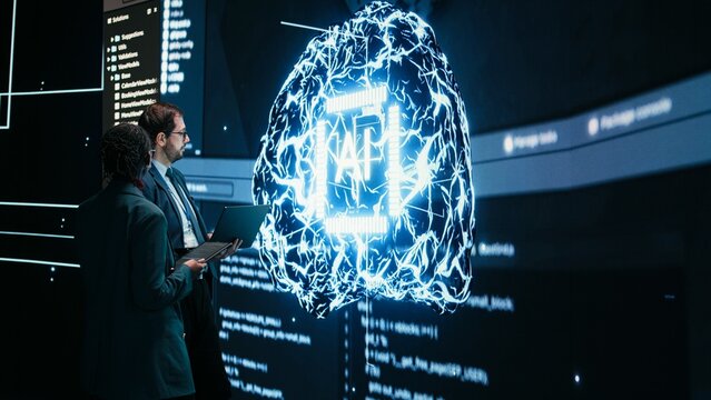 Engineering team looks at AI machine learning self writing code on screen, autonomy concept, Teamworking colleagues reviewing self sustaining artificial intelligence model, doing brainstorming.