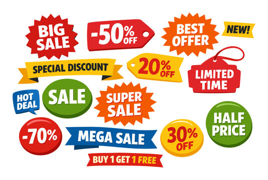 Shopping promotion banners and stickers offering sale deals, price reduction, best offer, buy one get one free, and discounts