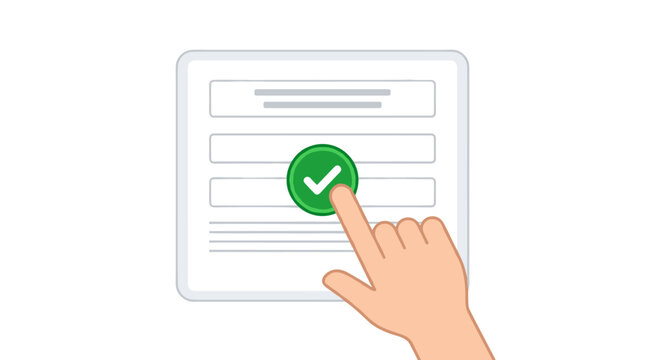 Hand pressing a green checkmark button on a digital form interface for confirmation or approval