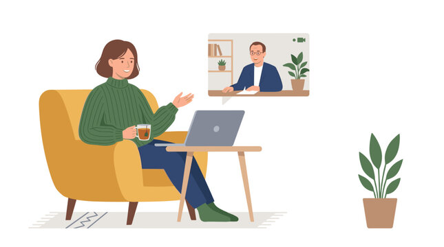 Woman having a video call with a man while sitting in a chair with a cup of tea