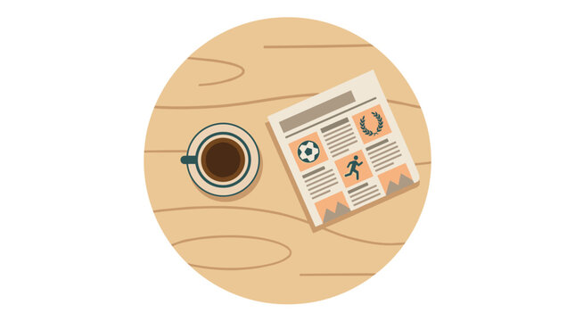 Morning coffee and sports news on a wooden table flat lay illustration
