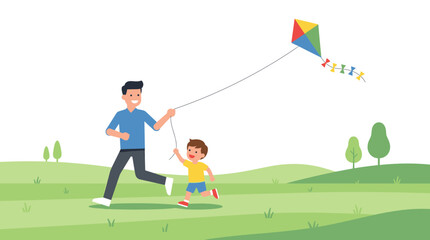 Obraz premium Father and son flying a kite in a green park on a sunny day