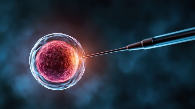 Microscopic needle approaches the surface of an egg cell in the process of intracytoplasmic sperm injection within a lab setting.
