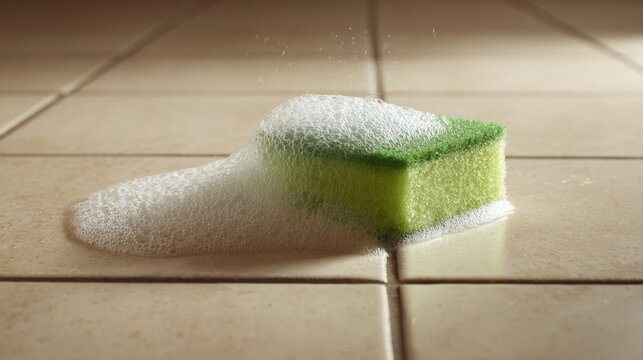 Green sponge rests on tiled floor, surrounded by soap suds. Suds gently spread, indicating recent cleaning effort. Soft sunlight highlights tile grout and foam texture