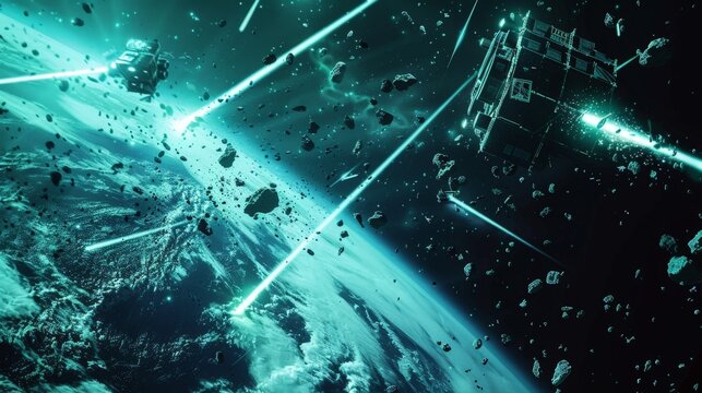 Astronauts race through asteroid fields near a glowing blue planet. Lasers slash through space, illuminating debris and structures. Deep space adventure blends danger with awe-inspiring beauty