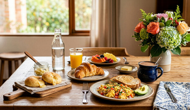 Desayuno con croissant, chocolate y huevos.