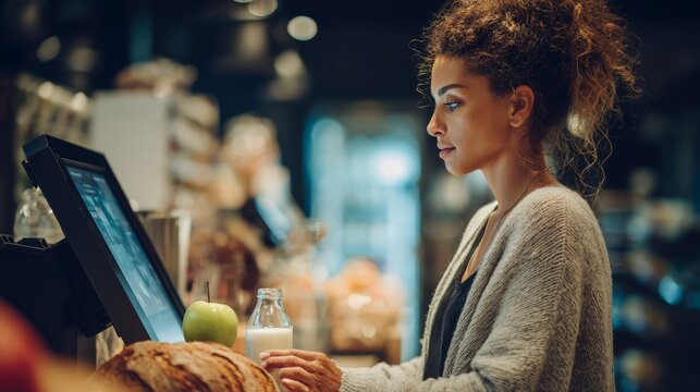 Young woman focuses intently on a cash register screen. Her hair is styled in loose curls, pulled back softly. She wears a cozy, textured cardigan over a dark top