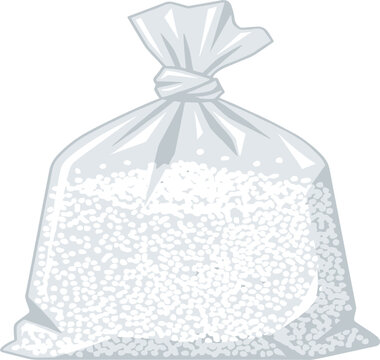 Transparent plastic bag filled with white granular chemical fertilizer or silica gel, packaging mockup vector illustration