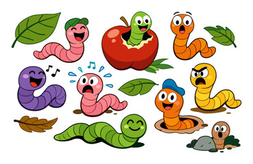 Fototapeta premium Cute cartoon worms showing happy, surprised, angry, and singing emotions, interacting with nature elements like an apple and leaves