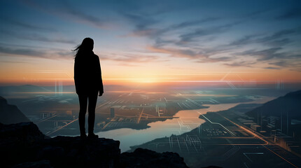 Obraz premium Woman stands on a rocky cliff overlooking a sprawling city landscape during a breathtaking sunset horizon.