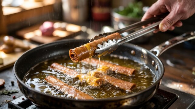The process of making the dessert Turron de Dona Pepa (roasting dough sticks).
Peruvian cuisine.