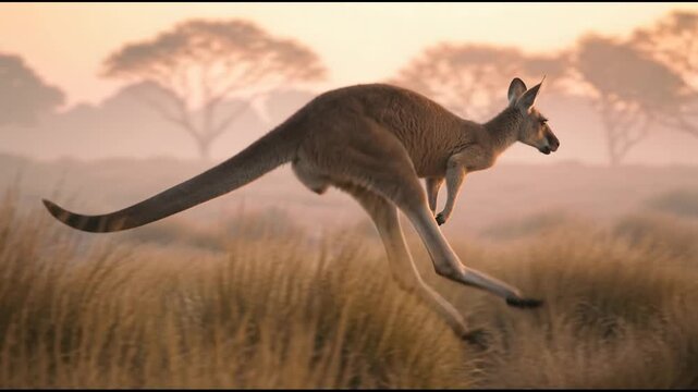 A majestic kangaroo mid leap gracefully traverses the misty golden lit savanna as tall grass sways during a serene sunrise, capturing the essence of the wild Australian outback landscape.